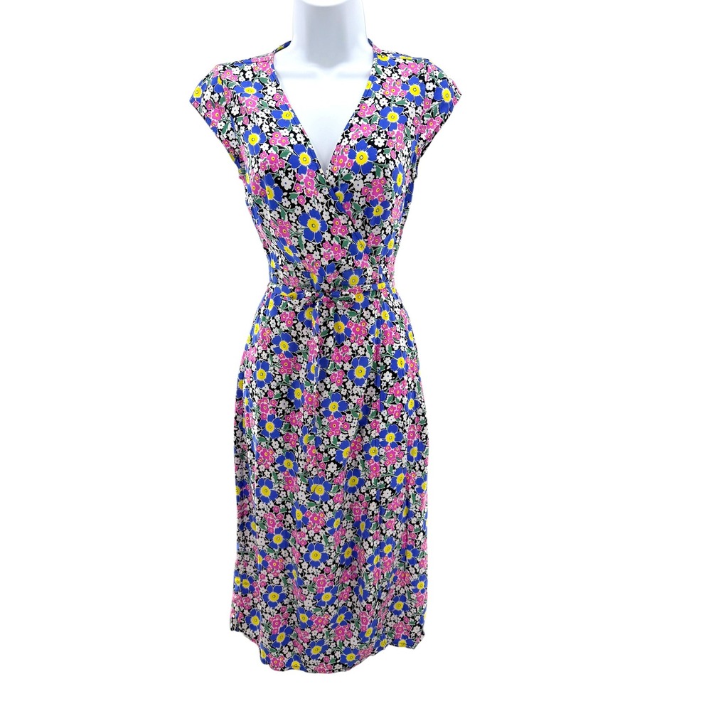 J.Crew Women XXSP Floral Wrap Midi Dress Cap Sleeve Blue Pink Yellow New L4210